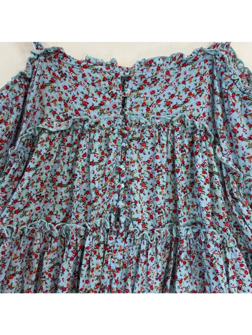 VICI Floral Tiered Mini Dress Women Medium Blue Boho Sleeveless Spaghetti Strap - Picture 7 of 7